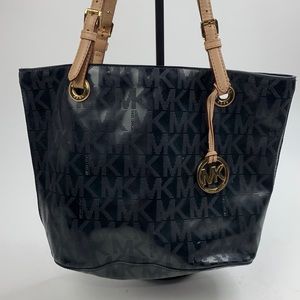 Michael Kors Patent Leather Tote Bag Black Gold Tan Lined Pockets Charm